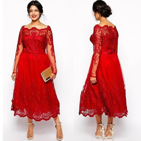 Vintage Tea Length Mother's Dresses A Ling Red Lace Applique Sheer Long Sleeve Mother of Bride Groom Wear Gowns Plus Size BC1577