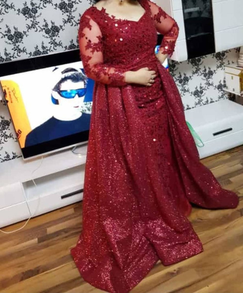 Plus Size Red Mother of Bride Groom Dresses With Detachable Skirt Vintage Long Sleeve Mermaid Sequins Formal Women Occasion Evening Gowns