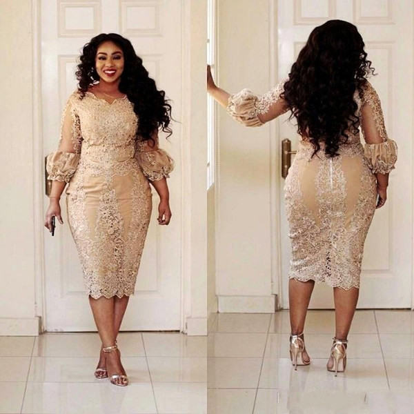 African Champagne Mother Of The Dresses Jewel Neck Applique Illusion 3/4 Sleeve Long Sleeve Evening Gowns Plus Size Mermaid Prom Dress