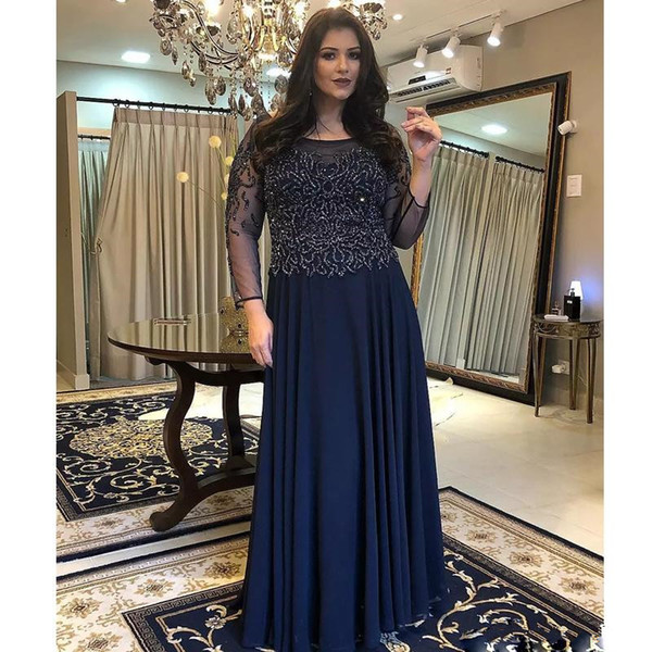 Bling Bling A-line Dark Navy Blue Mother of the Bride Evening Dresses Jewel Neck Illusion Long Sleeve With Beading Formal Wear