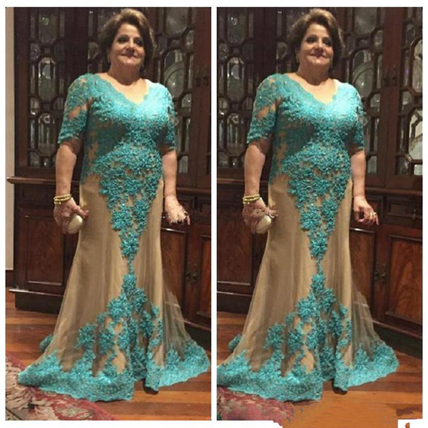 Plus Size Mother Of The Bride Dresses half Sleeves Mermaid sheath blue Appliques champagne Evening Dresses Mother Dresses For Weddings