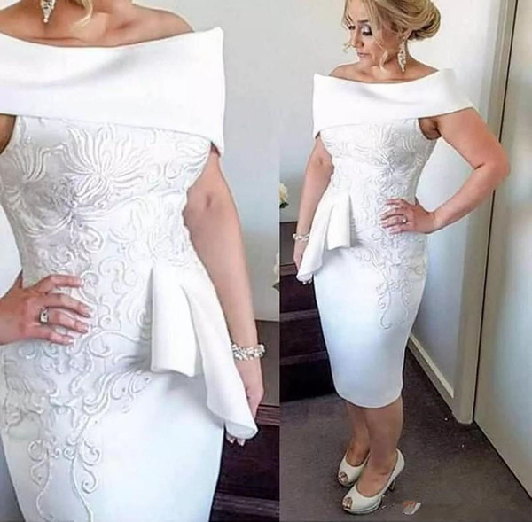 Elegant Mother Of The Bride Dresses Off The Shoulder Embroidery Appliques Mermaid Prom Dress Short Satin knee length Formal Dresses Evening