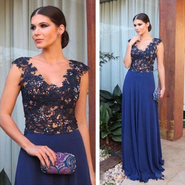 Navy Blue A-line Mother of the Brides Dresses V-neck Sleeveless Appliques Beaded Wedding Guest Dress Long Party Gowns