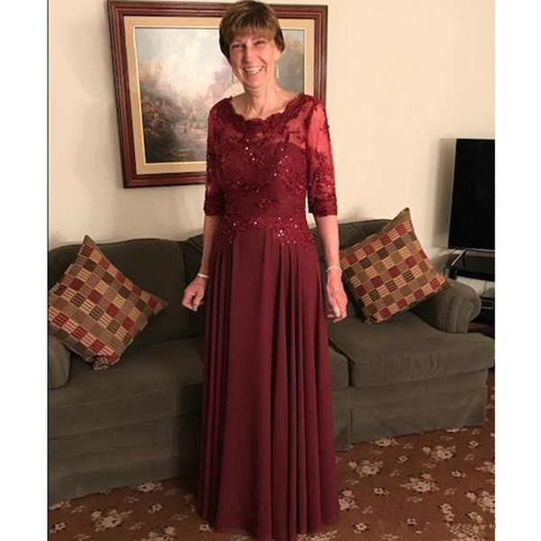 Cheap Modest A Line Chiffon Mother Of The Bride Dresses Appliques Sequins Burgundy Mother's Dress Evening Dress Prom Party Gowns