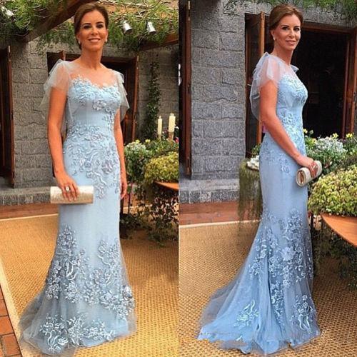 New Short Sleeves Appliques Sky Light Blue Elegant Sweep Train Wedding Formal Dresses Mother's Dresses