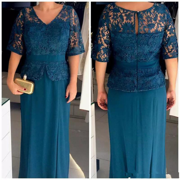 Elegant Chiffon Plus Size Lace Mother Of The Bride Dresses Turquoise Half Sleeve V-Neck Women Formal Dresses women Groom Evening Wear