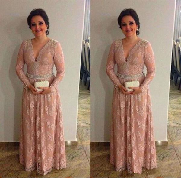 Blush Long Sleeves Mother Of The Bride Dresses Sequins Beading A Line Formal Evening Gowns V Neck Floor Length Party Dress