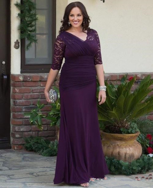 Elegant Purple Chiffon Mermaid Mother of the Bride Dresses V Neck Half Sleeve with Lace Mother of the Groom Dress