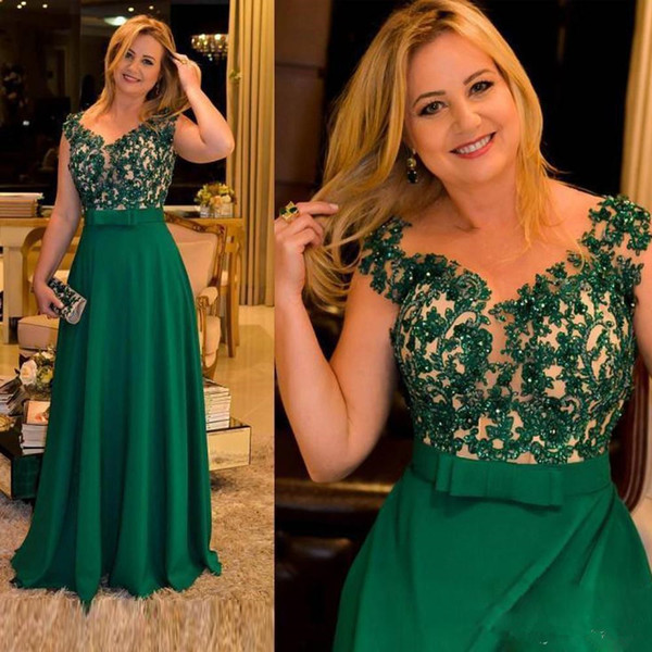 Elegant Green A Line Chiffon Mother of the Bride Dresses Sheer Neck Appliques Beaded Evening Gowns Bow Tie Sash Prom Party Dress