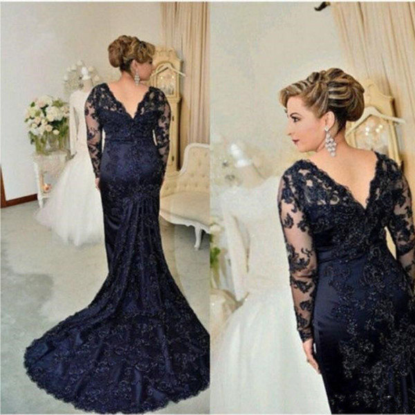 Elegant Navy Blue Mermaid Mother's Dresses Plus Size Lace Mother Of the Bride Dresses Long Sleeves Formal Evening Gown with Beaded