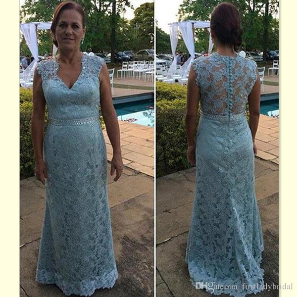 Light Sky Blue Lace Mother Of The Bride Dresses Sheath Long Floor Length Formal V-neck Illusion Back Evening Party Gowns For Women