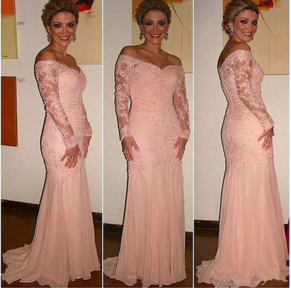 New Off-the-shoulder Neckline Mermaid Formal Dresses With Beaded Lace Appliques Long Sleeves Blush Sexy Mother of the Bridal Dress