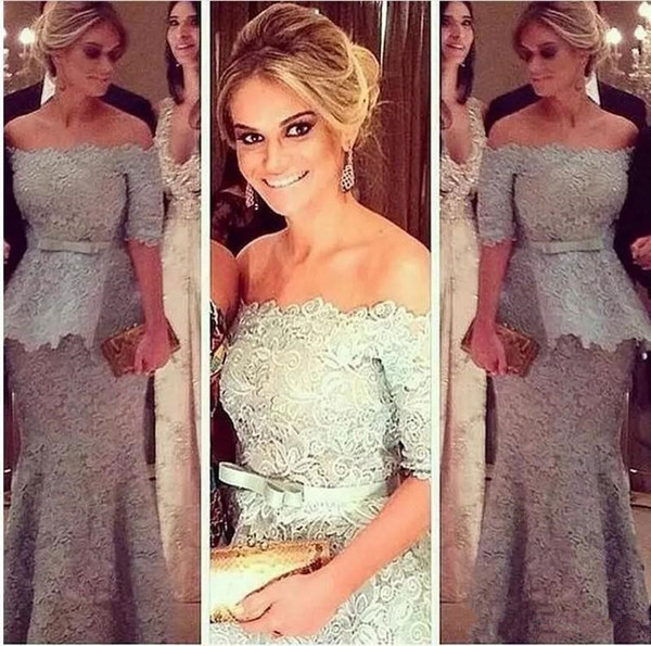 New Silver Lace Mother of the The Bride Dresses Evening Wear Off The Shuoulder Neckline Half Length Sleeves Peplum Mermaid Formal Gowns