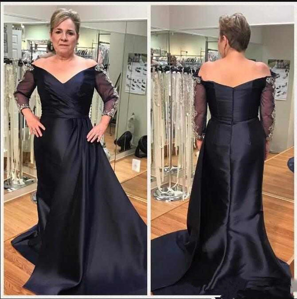 New Arrival Fashion Mother Of The Bride Dresses Modest V Neck Long SleeveS Off Shoulder Satin Formal Evening Gowns