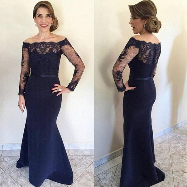 New Navy Blue Mother Of The Bride Dresses Floor Length Long Sleeves bateau neck lace Mermaid Formal Evening Gowns For Women