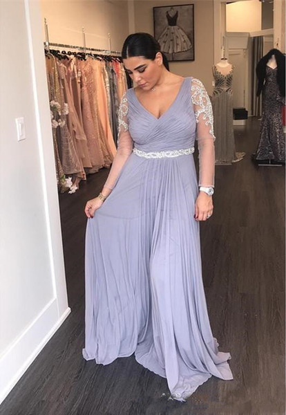 Elegant Cheap Mother of the Bride Dresses V Neck Long Sleeves Chiffon Crystal Beaded Wedding Guest Dress Plus Size Prom Evening Gown