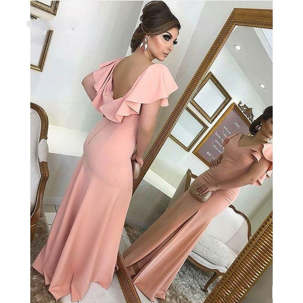 Open Back Chiffon Mother Of The Bride Dresses V Neck Mermaid Ruffles Sleeve Bridesmaid Dresses Leg Slit Wedding Party Dresses