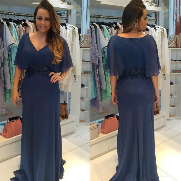 Navy Blue Chiffon Mother Of The Bride Dresses modest Cap Sleeves Evening Dress V neck Appliques Groom Mother Formal Prom Gowns