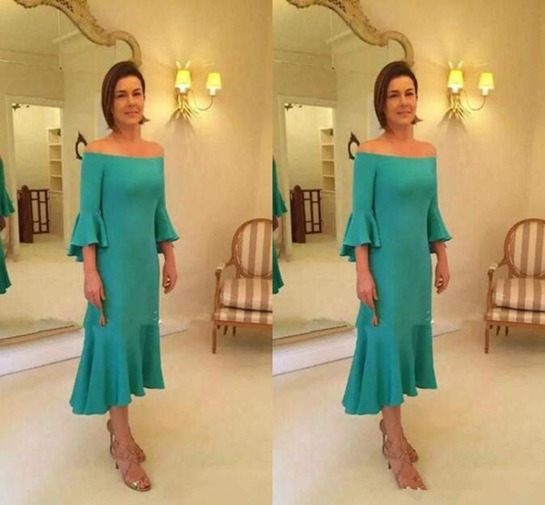 Charming Off Shoulder Mother Of The Bride Dresses elegant 3 4 long Sleeve Tea-Length bateau neck Mother Dresses Formal Evening Dresses