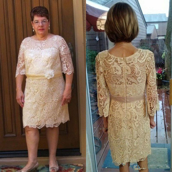 New Elegant Long Sleeves Mother Of The Bride Dresses Sheath Full Lace Wedding Guest Dress Jewel Neck Short Evening Gowns