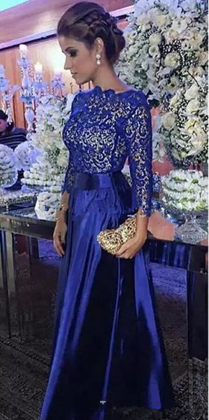 Plus Size Royal Blue Long Sleeve Mother Of The Bride Dresses Bateau Backless Lace Top Women Prom Party Gowns Wedding Guest Dress