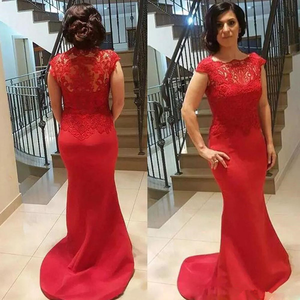 Vintage Red Mermaid Mother of the Groom Dresses Scoop Neck Illusion Back Appliques Formal Gown Sweep Train Satin Evening Gown