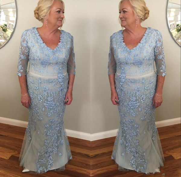 Sky Blue Plus Size Mother Of The Bride Dresses long Sleeves 3D Floral Appliques Formal Dress Groom Mother Evening Gowns Wedding Party Dress