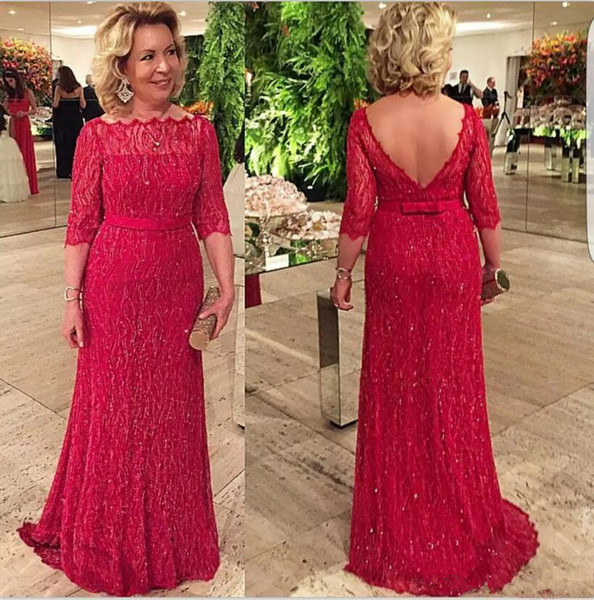 Sparkling Red Sheath Mother Of The Bride Dresses WIth 3 4 Long Sleeves Sheer Bateau Backless Prom Dress Long formal Wedding Guest Dresses