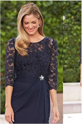 Navy Blue Elegant Evening Formal Dresses Lace half Sleeves Chiffon Short Mother of the Bride Dresses Wedding Knee Length Guest Dress