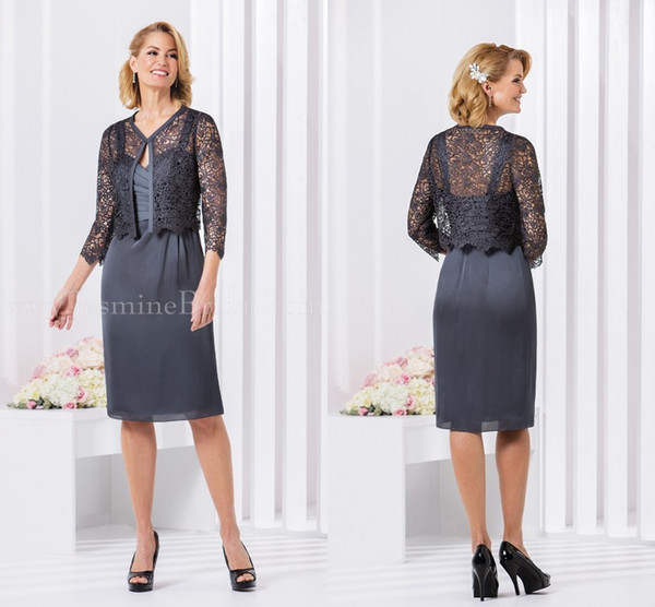 Grey Jasmine Mother Of The Bride Dresses Elegant Chiffon Knee Length With Lace Jackets Formal Prom Wedding Party Dress