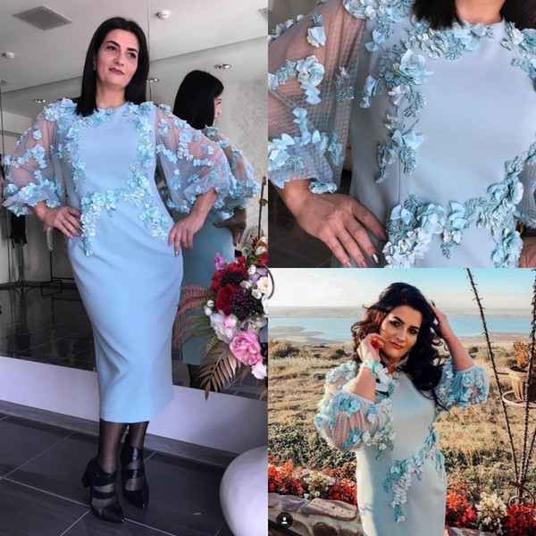 Light Blue Mother Of The Bride Dresses With 3D Floral Appliques Tea Length Long Sleeves Wedding Guest Dress Outfit Long Evening Gowns