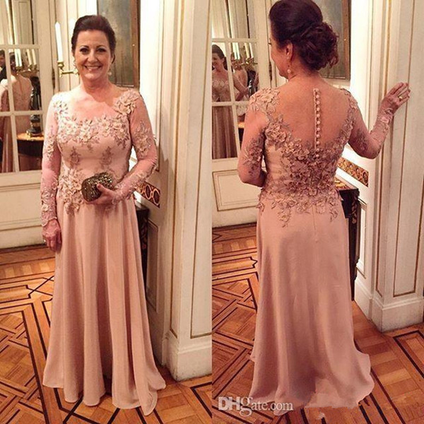 Mother Of The Bride Dresses with Long Sleeves Lace Appliques Flowers Illusion Satin Evening Gown Wedding Guest Dress