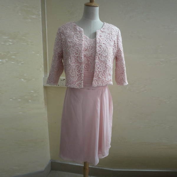 Custom Made Evening Gowns V Neck Pink Lace Mother of the Bride Dress with Jacket 3/4 Sleeves Chiffon Knee Lneght Mother's Dresses