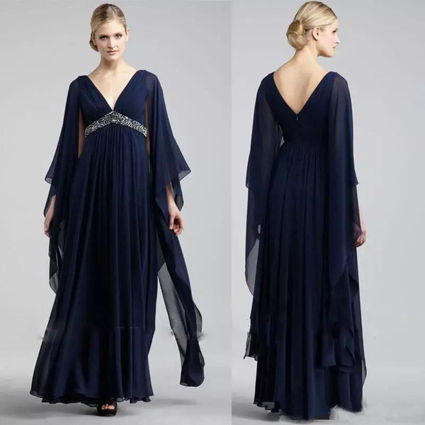 Navy Blue Chiffon Formal Mother of the Bride Boho Evening Dresses V Neck Empire Waist Beaded Plus Size Prom Party Gowns Floor Length