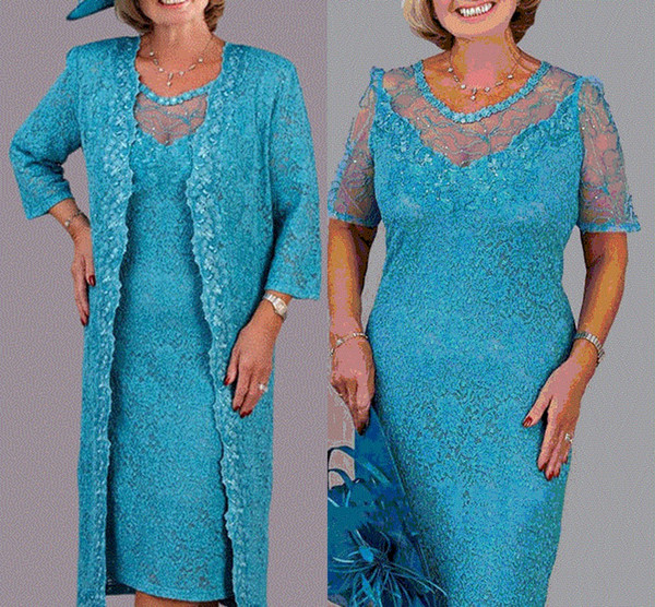 Turquoise Lace Knee Length Mother Dresses Jewel Neck With Jacket Mother Dresses For Wedding Custom Made