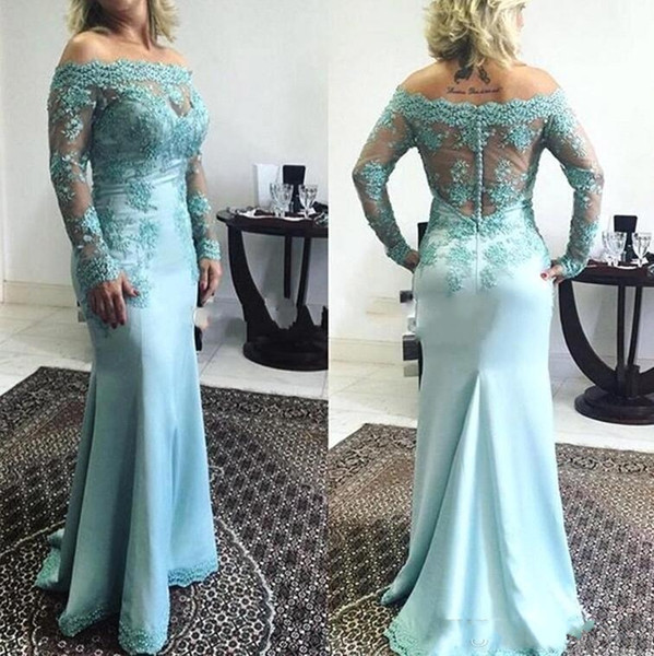 Modest Ocean Blue Mother of Bride Groom Dresses Vintage Long Sleeve Appliques Off Shoulder With Button Covered Back Evening Gowns