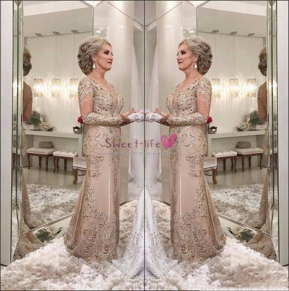 Luxury Mother of the Bride Dresses V-Neck Long Sleeves Crystal Beaded Mermaid Lace Applique Party Evening Wedding Dress Guest Gowns