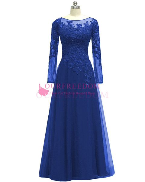 Elegant Royal Blue Long Sleeve Mother Dresses Jewel Neck Hollow Back Lace Appliques A Line Floor Length Formal Occasion Mother Dresses