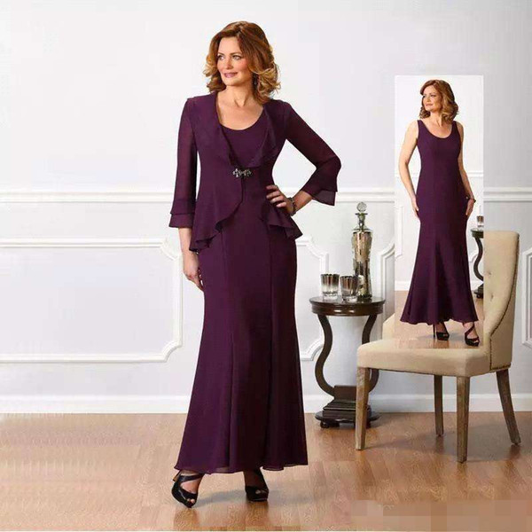 Dark Purple Mother Dresses Two Piece Cheap Chiffon Plus Size Mother Of The Bride Gown Prom Party Gown Custom Made