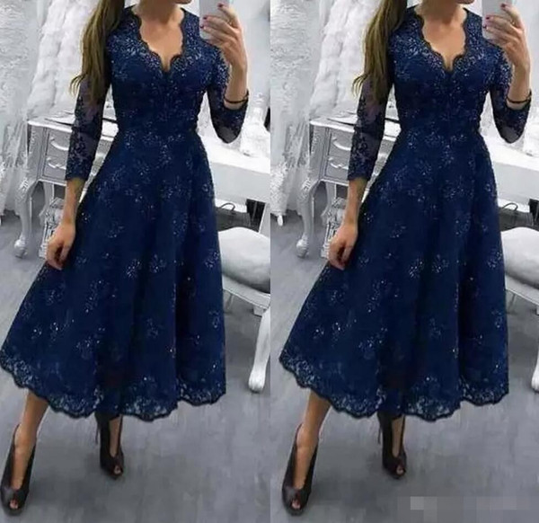 Tea Length Plus Size Lace V Neck Mother Of The Bride Dresses 3/4 Long Sleeves Appliqued A Line Formal Wedding Guest Gowns Evening Dress