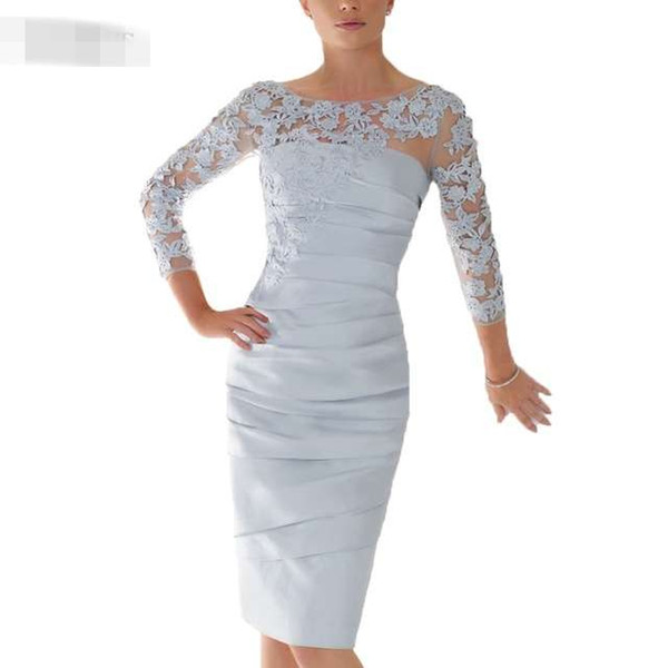 Sheath Knee Length Mother Of The Bride Dresses Spring Summer Silver Grey Lace Women Party Gowns 3/4 Sleeves Gowns