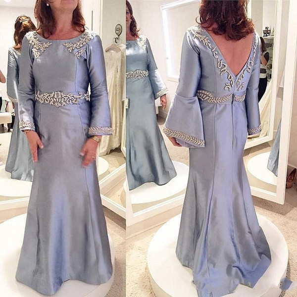 Saudi Arabia Satin Evening Gowns Long Sleeves Mermaid Mother Of The Bride Prom Dresses Backless Appliques Beads Mother Dress Custom Made