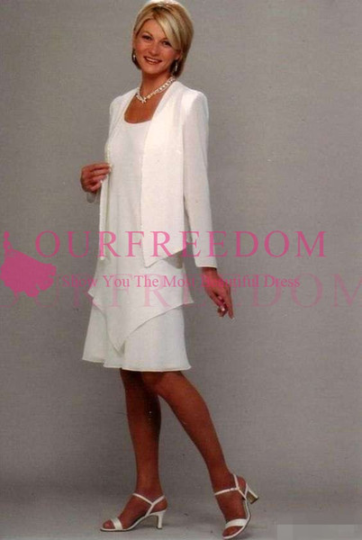 White Two Piece Mother Of Bridesmaid Dresses Scoop Neck Long Sleeve With Jacket Knee Length Formal Evening Occasion Dresses Custom Made