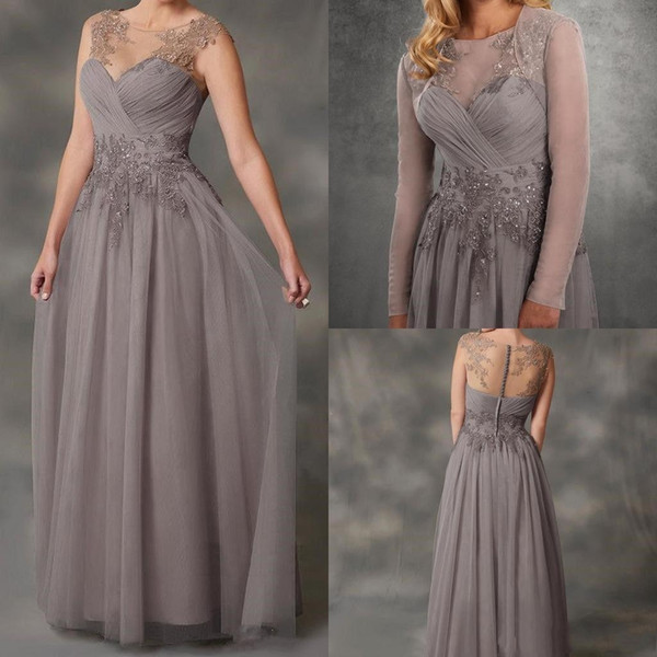 Plus Size Grey Mother Of the Bride Dresses Lace Appliqued Jewel Neck Wedding Guest Dresses Beads A Line Cheap Evening Gowns