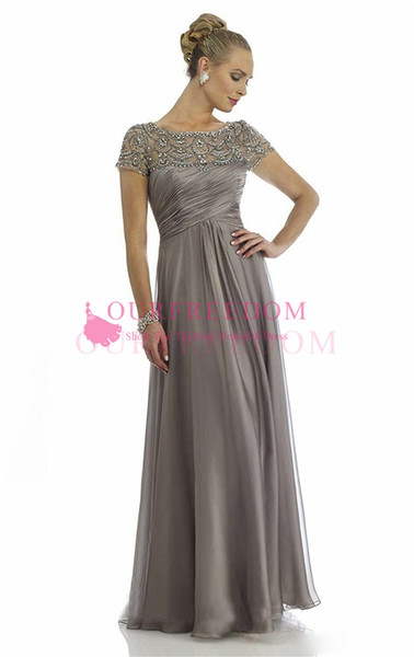 Gray Crystal Mother Of Groom Bride Dresses Short Sleeve Floor Length Formal Occasion Evening Mother Dresses Custom Made