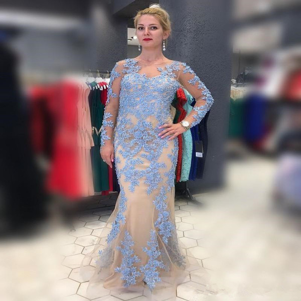 Plus Size Mermaid Mother Of Bride Dresses Blue Lace Appliques Illusion Log Sleeves Women Evening Gowns Tulle Mermaid Prom Party Dress