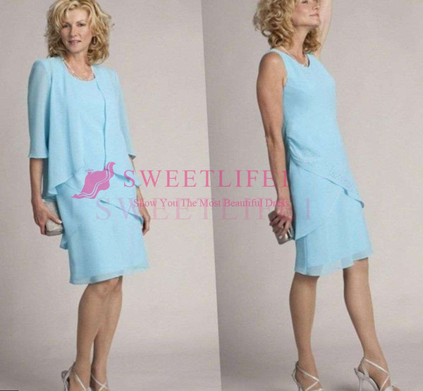 Light Blue Chiffon Mother Of The Bride Dresses With Wrap Knee Length Mother Of Grooms Dresses Outfits Custom Made Hot Sale