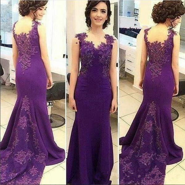 Mother Of The Bride Dresses Purple V Neck Lace Applique Beaded Cap Sleeves Hollow Back Long Satin Mermaid Evening Wear Prom Dresses