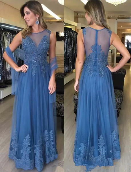 sarahbridal Elegant Blue Formal A Line Evening prom Dresses with wrap Jewel Sleeveless Lace Appliques Beaded Mother Of The Bride Dress