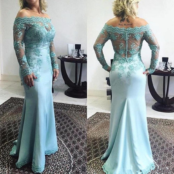 Serenity blue Mother Dresses long sleeves 2017 Elegant Plus Size Mother Of The Bride Groom Dresses Sheath Sheer Lace Sexy Cocktail Gowns